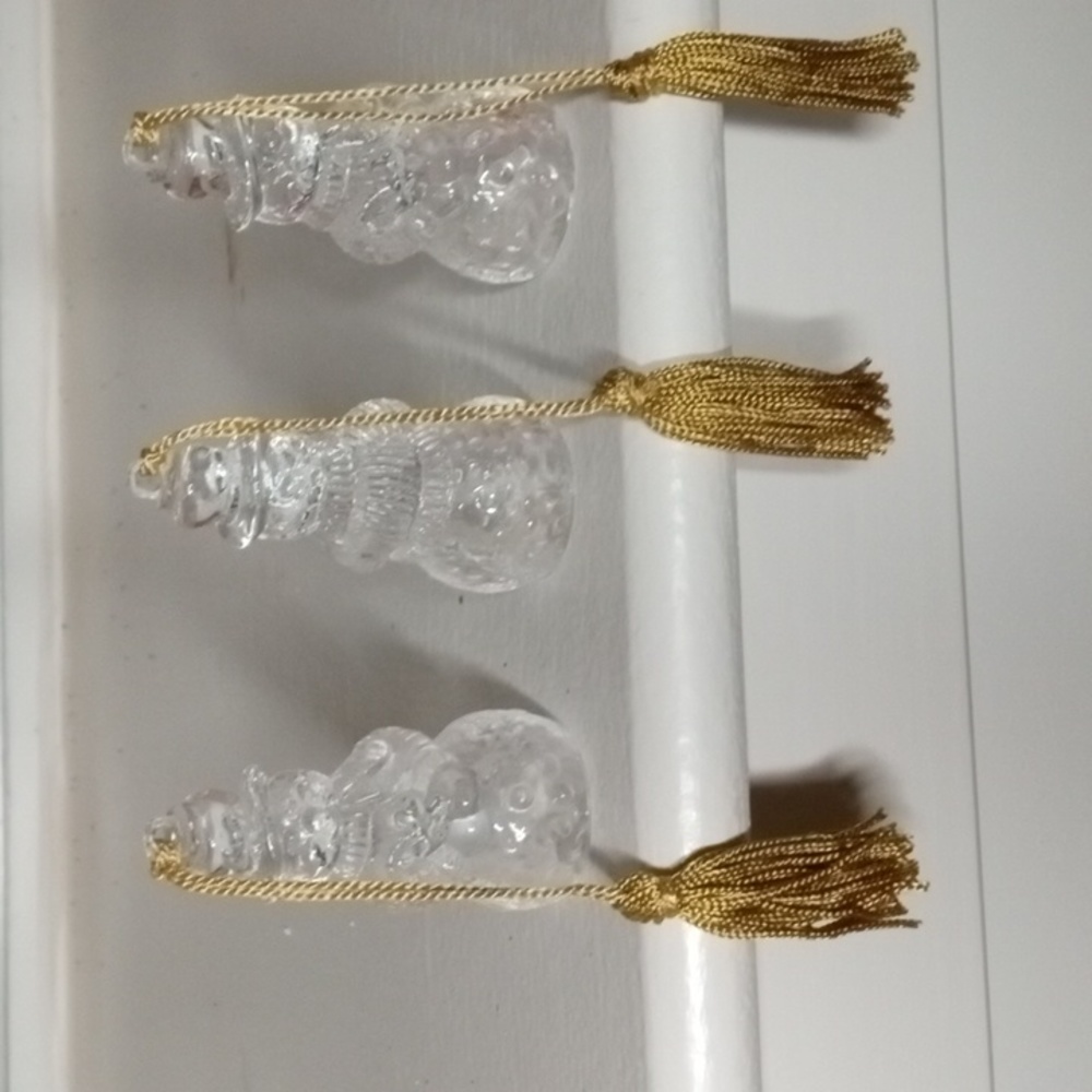 Set of 3 Gorham glass snowmen tassel loops for hanging, but can sit, crystal NWT